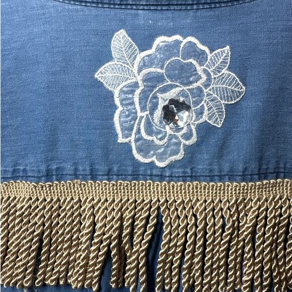 Denim Button-Up Upcycled Shirt Handcrafted Embellishments Boho Western Cotton 3X - Picture 13 of 15